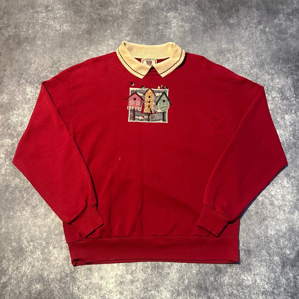 Vintage Grandma Birdhouse Collared Sweatshirt Top Stitch by Morning Sun Womens M